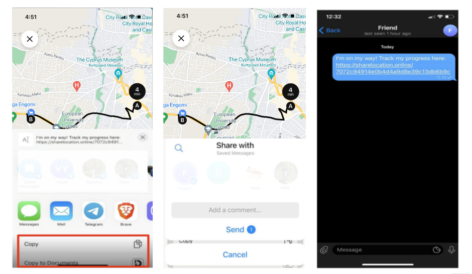 This shows how to share the link with the ride information in the CABCY ride hailing app